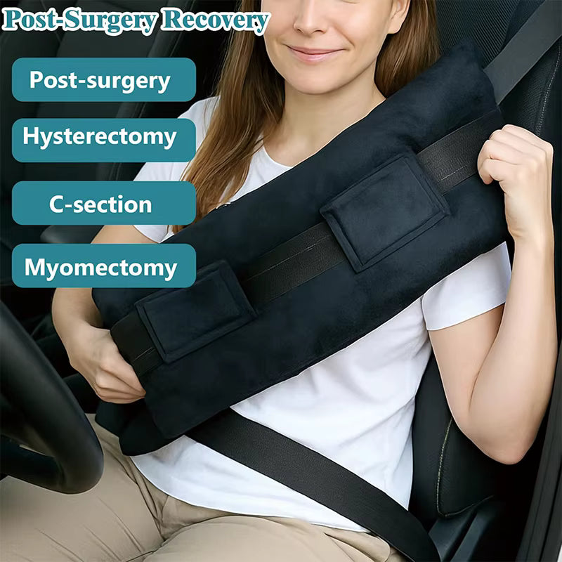Woman wearing a black shoulder support brace with text on post-surgery recovery.