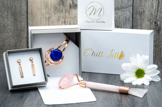 Gift Set: Magnetic Mobility Bracelet, Facial Roller and Drop Earrings